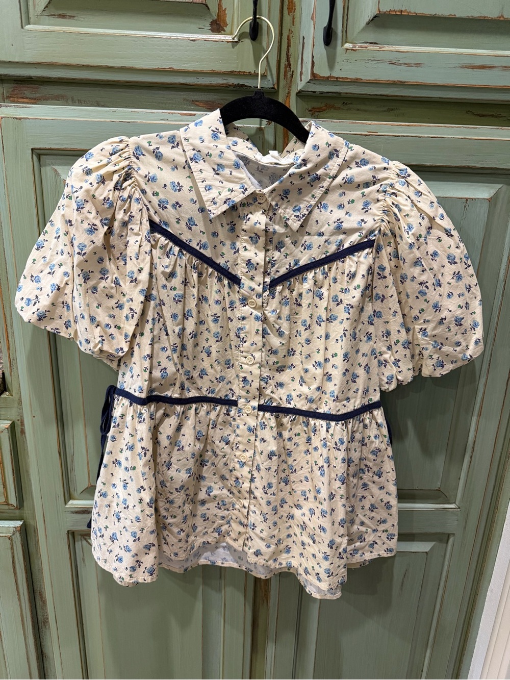 entro Cream Peplum Blouse with Blue Floral Print
